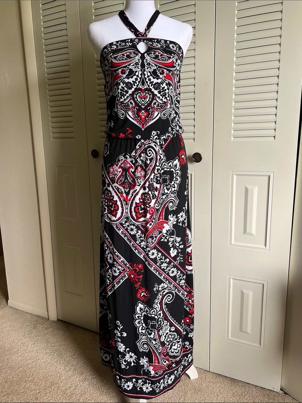 White House Black Market  - Black, Red & White Halter Maxi Dress - Size XXS